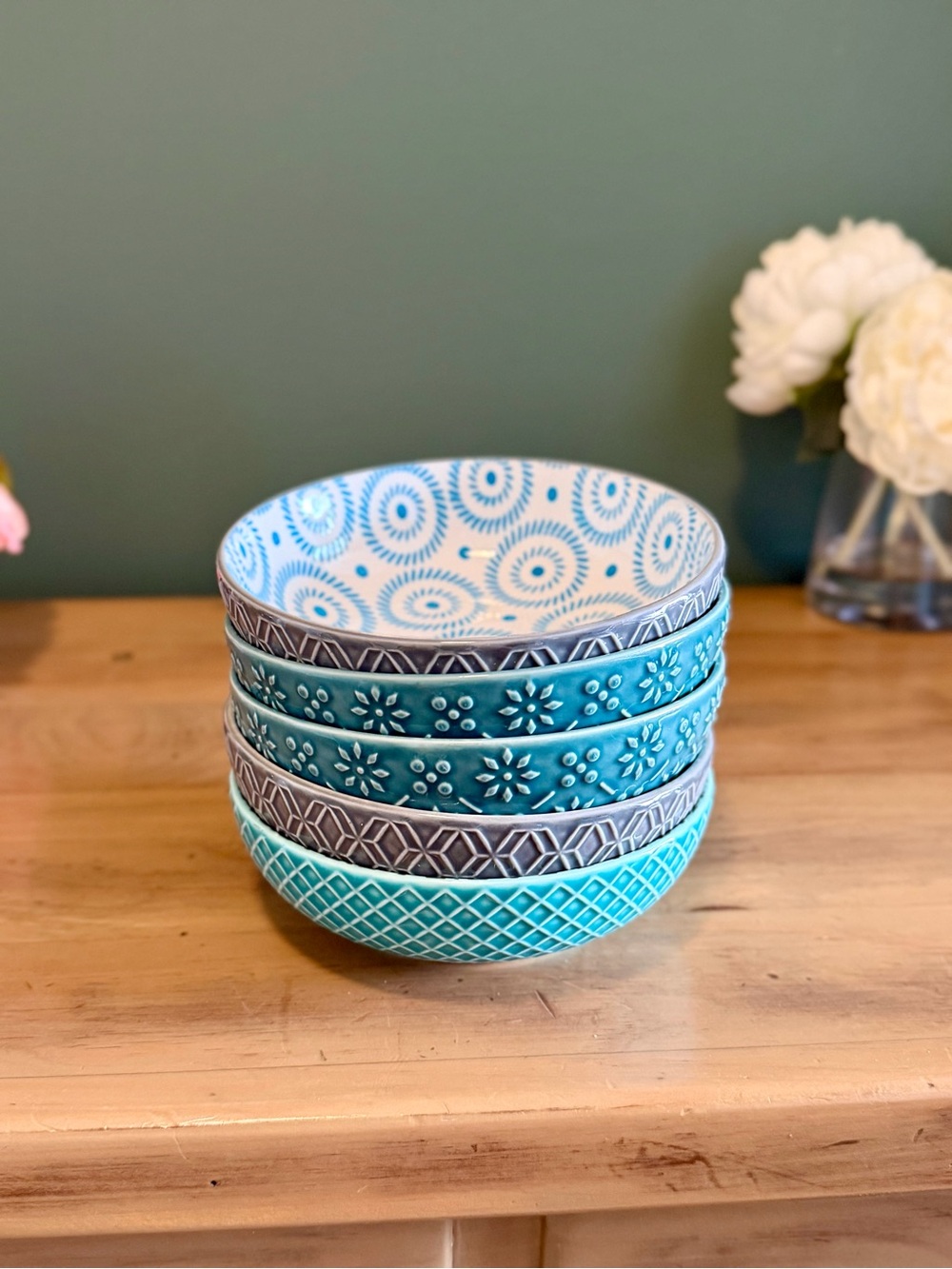 5 Signature Housewares Stoneware Bowls Blue Teal Grey Pattern 14.5oz - Picture 4 of 8